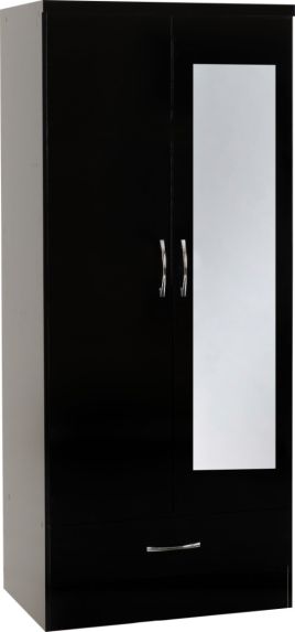 Wardrobe - NEWBIGGIN 2 Door Mirrored Wardrobe Black Gloss 78cm