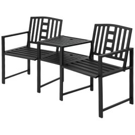 Patio Tete-a-tete Chair 2 Seat Bench Middle Coffee Table w/ Umbrella Hole for Outdoors Decorative Slatted Design Steel Frame Black