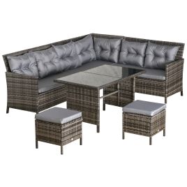6 PC Garden Rattan Corner Dining Sofa Set 7-seater Outdoor Wicker Conservatory Furniture Lawn Patio Coffee Table Foot Stool w/ Cushion - Grey