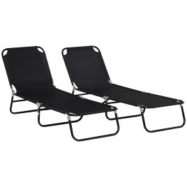 Folding Sun Loungers Set of 2, Outdoor Day Bed with Reclining Back, Steel Recliner Garden Chairs with Breathable Mesh for Beach, Patio, Black