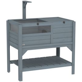 PAWSTER Wooden Tortoise House, with Shelter, Run, Shelf, Lamp Holder, Tray, Grey