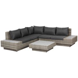 4 PCs Rattan Garden Furniture Outdoor Sectional Corner Sofa and Coffee Table Set Conservatory Wicker Weave with Armrest Cushions Light Grey