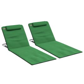 Metal Frame PE Fabric 2 Pieces Outdoor Beach Reclining Chair Set w/ Pillow Green