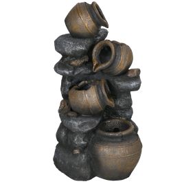 Jones 4 Tier Cascading Water Fountain Solar Powered Garden Water Jars Waterfall Ornament with LED Lights and Pump - Grey and Brown