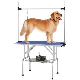 Adjustable Dog Grooming Table Rubber Top 2 Safety Slings Mesh Storage Basket Heavy Metal Blue 107 x 60 x 170cm