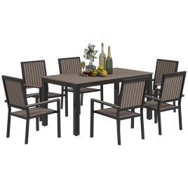 SUNVISTA 6 Seater Garden Dining Set with Stackable Chairs, Aluminium Frame, Rectangular Plastic Top, Garden Furniture Set, Brown