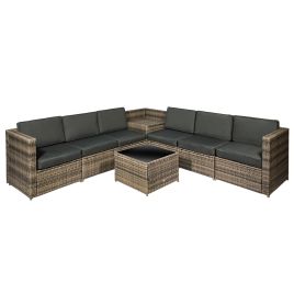 6-Seater Rattan Garden Furniture Patio Sofa and Table Set with Cushions Corner Wicker Seat Mixed Brown