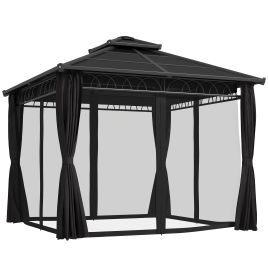 SUNVISTA 3 x 3 (m) Outdoor Polycarbonate Gazebo, Double Roof Hard Top Gazebo with Galvanised Steel Frame, Nettings & Curtains for Garden, Dark Grey