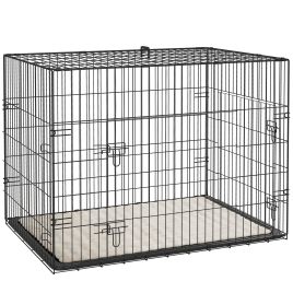 PAWSTER Foldable Dog Crate with 2 Doors with Tray, Soft Cushion, for Large Medium Dogs, 91 x 62 x 68, Black