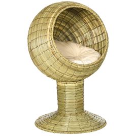 Raised Cat House Natural Mat Grass Cat Bed with Stand Cushion - Yellow