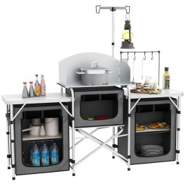 Folding Camping Kitchen, Portable Aluminium Camping Table with 3 Fabric Cupboards, Windshield, Light Stand, Carrying Bag for BBQ, RV, Picnic, Grey