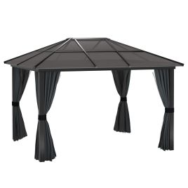 3 x 3.6m Hardtop Gazebo with UV Resistant Polycarbonate Roof and Aluminium Frame, Garden Pavilion with Mosquito Netting and Curtains