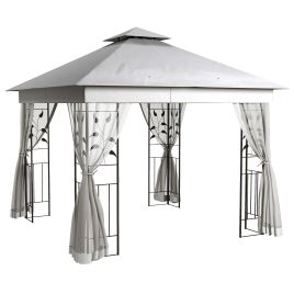 3(m) x 3(m)  Double Roof Outdoor Garden Gazebo Canopy Shelter with Netting, Solid Steel Frame, Light Grey