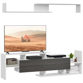 Modern TV Cabinet with Wall Shelf, TV Unit with Storage Shelf and Cabinet, Living Room Bedroom, White and Grey
