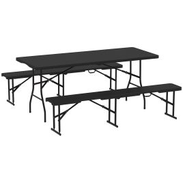 SUNVISTA Folding Picnic Table & Bench Set, Rattan Effect Camping Dining Set with Handles, Portable, Black