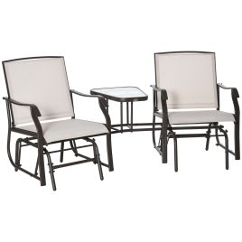 Garden Double Glider Rocking Chairs Gliding Love Seat with Middle Table Conversation Set Patio Backyard Relax Outdoor Furniture Beige