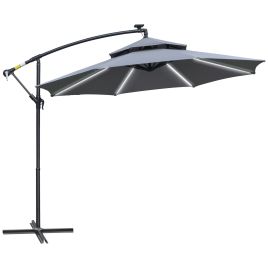 3M Cantilever Banana Parasol Hanging Umbrella with Double Roof, LED Solar lights, Crank, 8 Sturdy Ribs and Cross Base for Outdoor, Garden