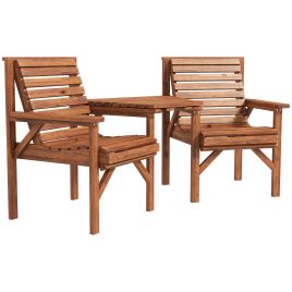 Wooden Garden Love Seat w/ Coffee Table Umbrella Hole, Tan Brown
