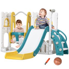Kinsey 6-in-1 Swing Slide Set Kids Playground with Basketball Hoop - Yellow