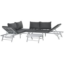 3 Pcs Garden Seating Set w/ Convertible Sofa Lounge Table Padded Cushions Outdoor Patio Furniture Couch Grey