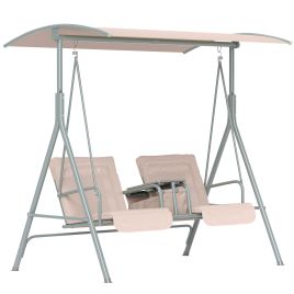 SUNVISTA 2 Seater Garden Swing Chair Patio Rocking Bench w/ Tilting Canopy, Double Padded Seats, Storage Bag and Tray, Beige