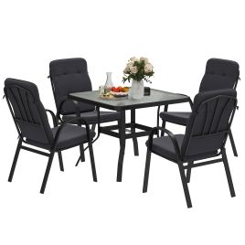SUNVISTA 5 Pieces Outdoor Square Garden Dining Set w/ Tempered Glass Dining Table 4 Cushioned Armchairs, Umbrella Hole, Black