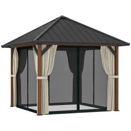 SUNVISTA 3 x 3(m) Hardtop Gazebo with Galvanised Steel Roof and Water Gutter, Walnut Wood Finish