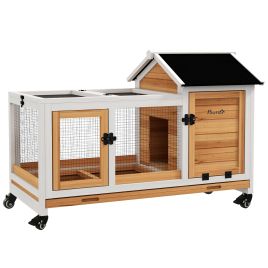Wooden Rabbit Hutch, Guinea Pig Cage, with Removable Tray, Wheels - Yellow