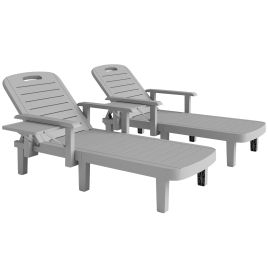 SUNVISTA Set of 2 Resin Reclining Sun Loungers with Foldable Side Table, 5 Positions, Light Grey