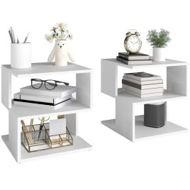HERON Set of 2 Side Table Square Coffee Table Modern End Table 2 Tier - White