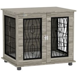 Indoor Dog Crate Furniture 29.5 inch End Table with Soft Washable Cushion, Lockable Front Door - Grey