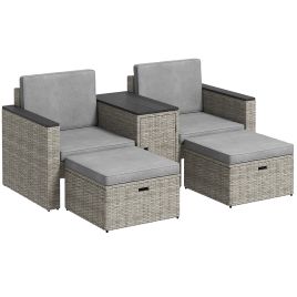SUNVISTA 5-Piece Rattan Garden Set, Nesting Sofa & Footstools, Storage Coffee Table with Cushions, Outdoor Wicker Set, Grey