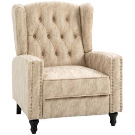 Studded Upholstered Reclining Armchair w/ Retractable Footrest Beige