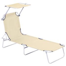 Reclining Chair Sun Lounger Folding Lounger Seat with Sun Shade Awning Beach Garden Outdoor Patio Recliner Adjustable (Beige)