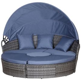 6-Seater Rattan Sofa Bed Garden Furniture Cushioned Wicker Round Sofa Bed with Coffee Table Patio Conversation Furniture Set - Grey