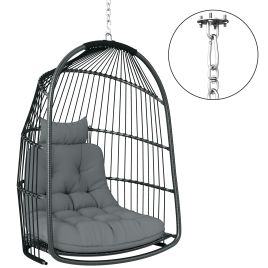 SUNVISTA Hanging Egg Chair, Foldable Rattan Swing Chair with Cushion & Headrest, Dark Grey