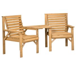 Wooden Garden Love Seat, 2 Seater Jack & Jill Companion Seat with Coffee Table and Parasol Hole, Partner Bench, Partner Bench, Brown