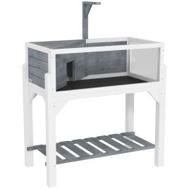 PAWSTER Wooden Tortoise House with Storage Shelf, Clear Observation Windows, Lamp Holder, Openable Top, Built-in Tray, Grey