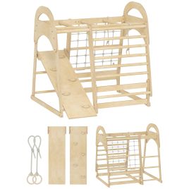 ARVYSTEN 6 in 1 Kids Climbing Frame with Slide, Monkey Bars, Gymnastics Rings, Ladder and Climbing Net for 3-6 Years - Light Wood
