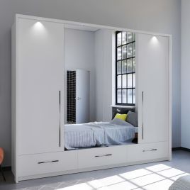Wardrobe - LINDSEY 4 Door Mirrored Wardrobe White 255cm