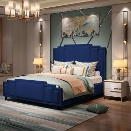 Elixa Plush Velvet Fabric Bed, Blue Colour - 5 Sizes