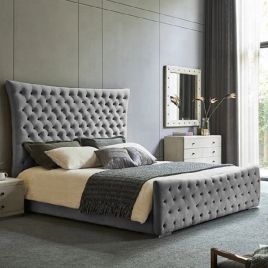 Plexa Plush Velvet Fabric Bed, Grey Colour - 5 Sizes