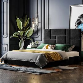 Conmo Plush Velvet Fabric Bed, Black Colour - 5 Sizes