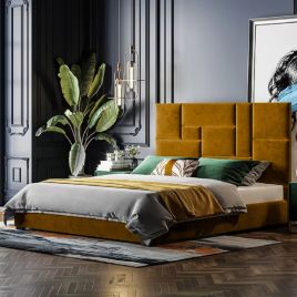 Conmo Plush Velvet Fabric Bed, Mustard Colour - 5 Sizes