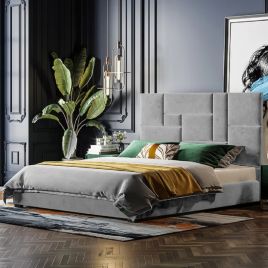 Conmo Plush Velvet Fabric Bed, Silver Colour - 5 Sizes