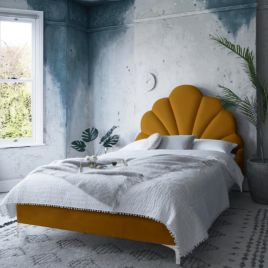 Hendo Plush Velvet Fabric Bed, Mustard Colour - 5 Sizes