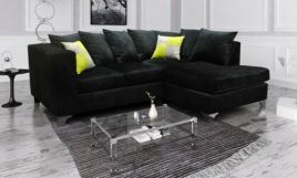 AURELO Plush Velvet 4 Seater L Shaped - Right Hand Facing Corner Sofa - Black