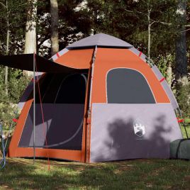 Camping Tent Cabin 4-Person Grey and Orange Quick Release - vid-4005334