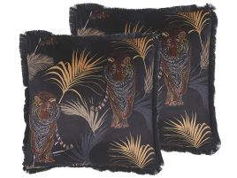 Set of 2 Fringed Cushions Tiger Motif 45x45cm Black