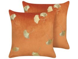 Set of 2 Velvet Cushions Leaf Print 45x45cm Orange